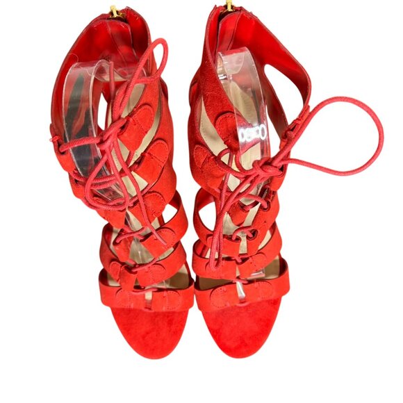 Marc Fisher Red Leather "Paradox" Lace-Up Caged Heeled Sandals, 3" Heel, Size 8M - Picture 6 of 10